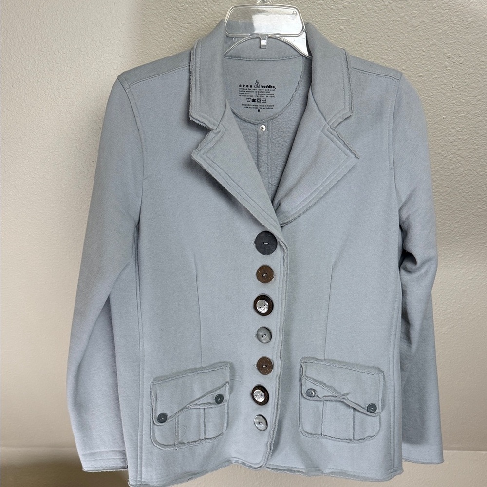 NEON BUDDA GRAY SWEATSHIRT JACKET WITH ASSORTED BUTTONS. SIZE MEDIUM